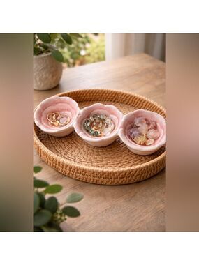 🌸 MAXCERA Pink Rose Triple Ceramic Dish Connected 3-Bloom Tray Jewelry Trinket